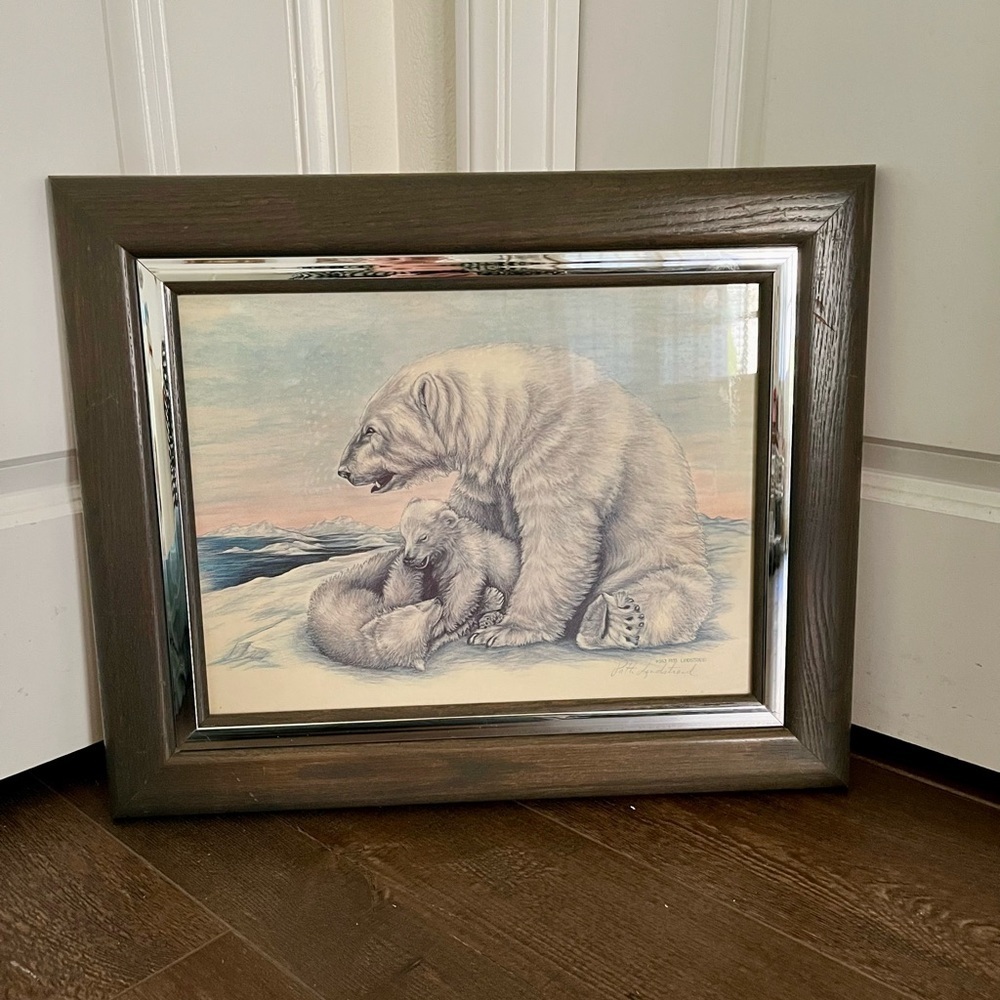 Vintage Framed Print “Polar Bears” By Alaskan Artist Patti Lindstrand 17/22 Inch